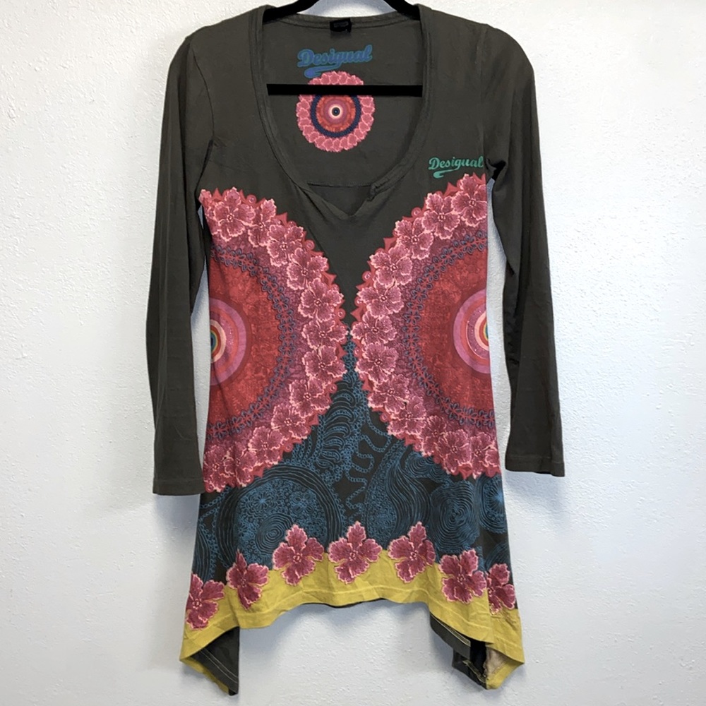 Desigual Colorful Floral  Boho Festival Shark Bite Hem Tunic Top 3006